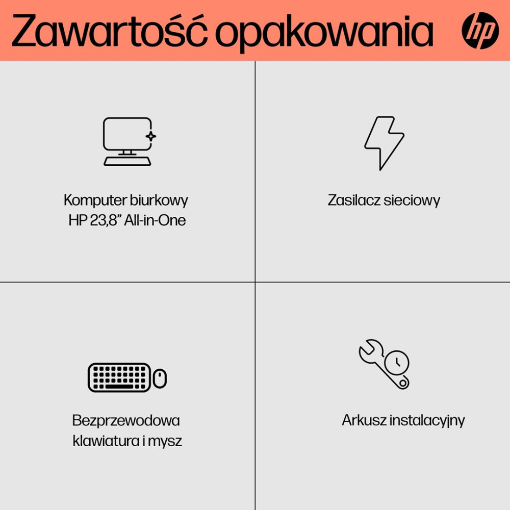 Zawartość opakowania: Komputer All-in-One, zasilacz, klawiatura, mysz i arkusz instalacyjny.