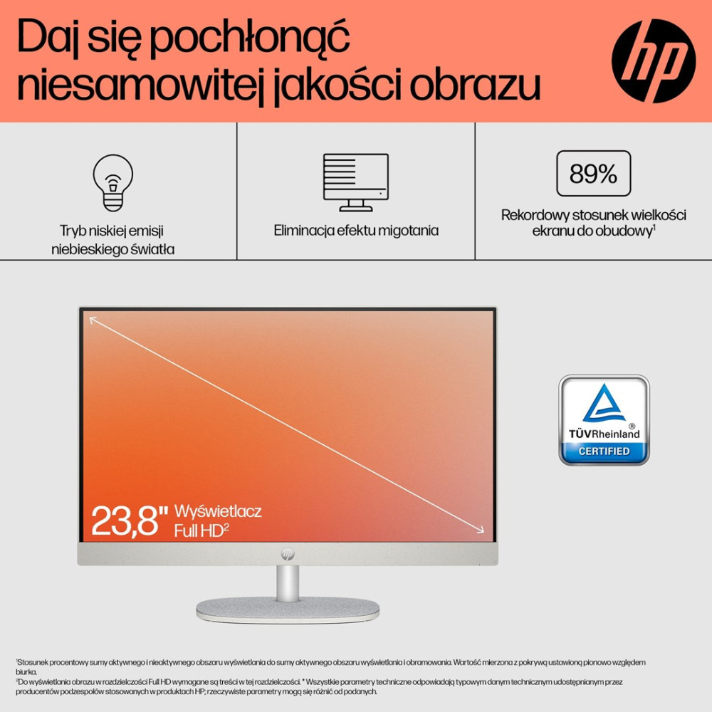Monitor HP 23,8 cala Full HD z niską emisją niebieskiego światła i bez migotania.