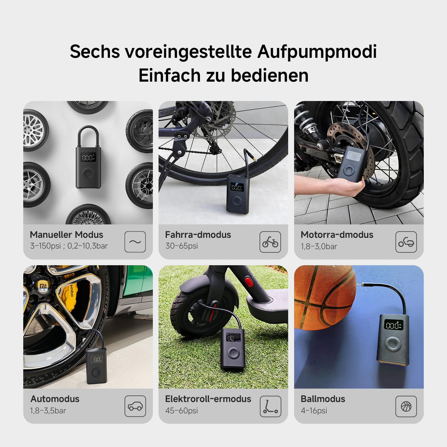 Sechs Modi: Auto, Fahrrad, Motorrad, manuell, E-Scooter, Ball. Mit tragbarem Kompressor.