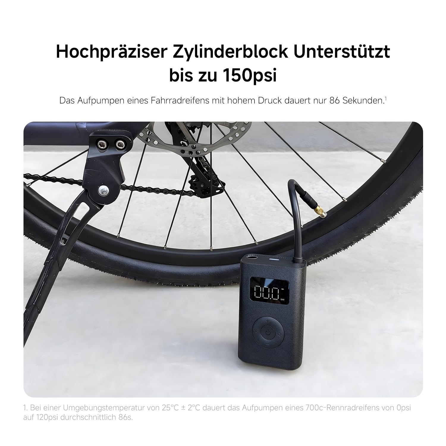 Schwarzer Fahrradreifen mit Schlauch und schwarzer Luftpumpe. Der Bildschirm zeigt 00.00.