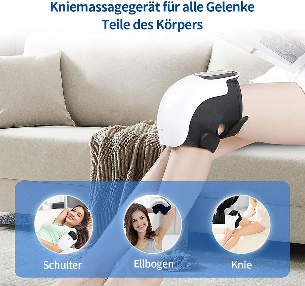 Ein Knie-Massagegerät wird an einem Bein gezeigt, mit drei kleinen Bildern von Schulter, Ellbogen und Knie.