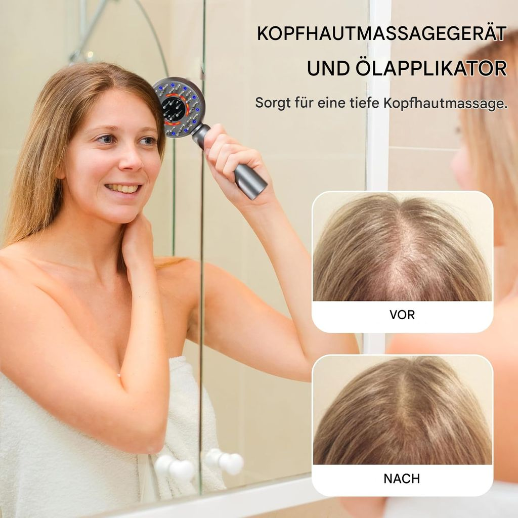 Frau mit Massagegerät für Kopfhaut und Ölapplikator, zeigt Vorher/Nachher-Ergebnisse.