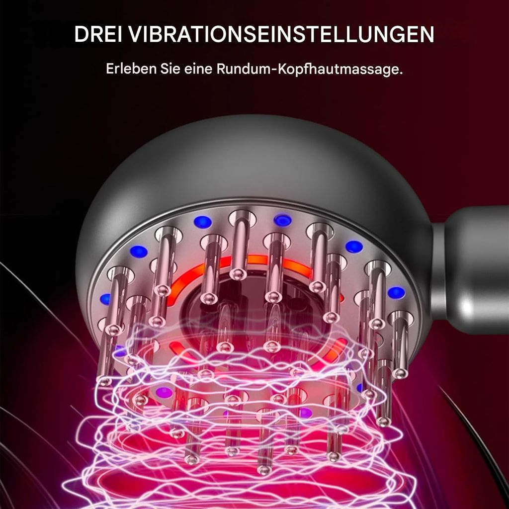 Nahaufnahme eines Kopfhautmassagegeräts mit Metallstiften, blauen Lichtern und rotem Glühen.