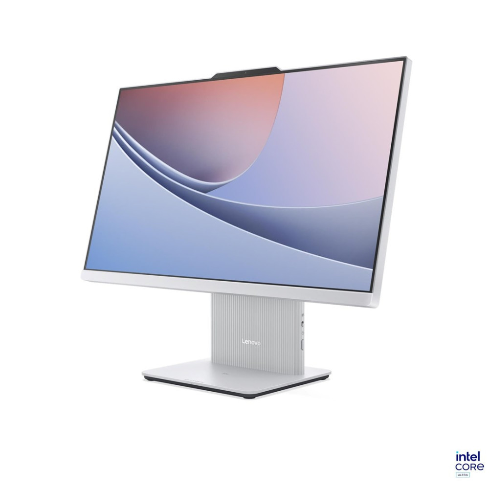 Biały komputer All-in-One Lenovo o nowoczesnym designie z logo Intel Core Ultra.