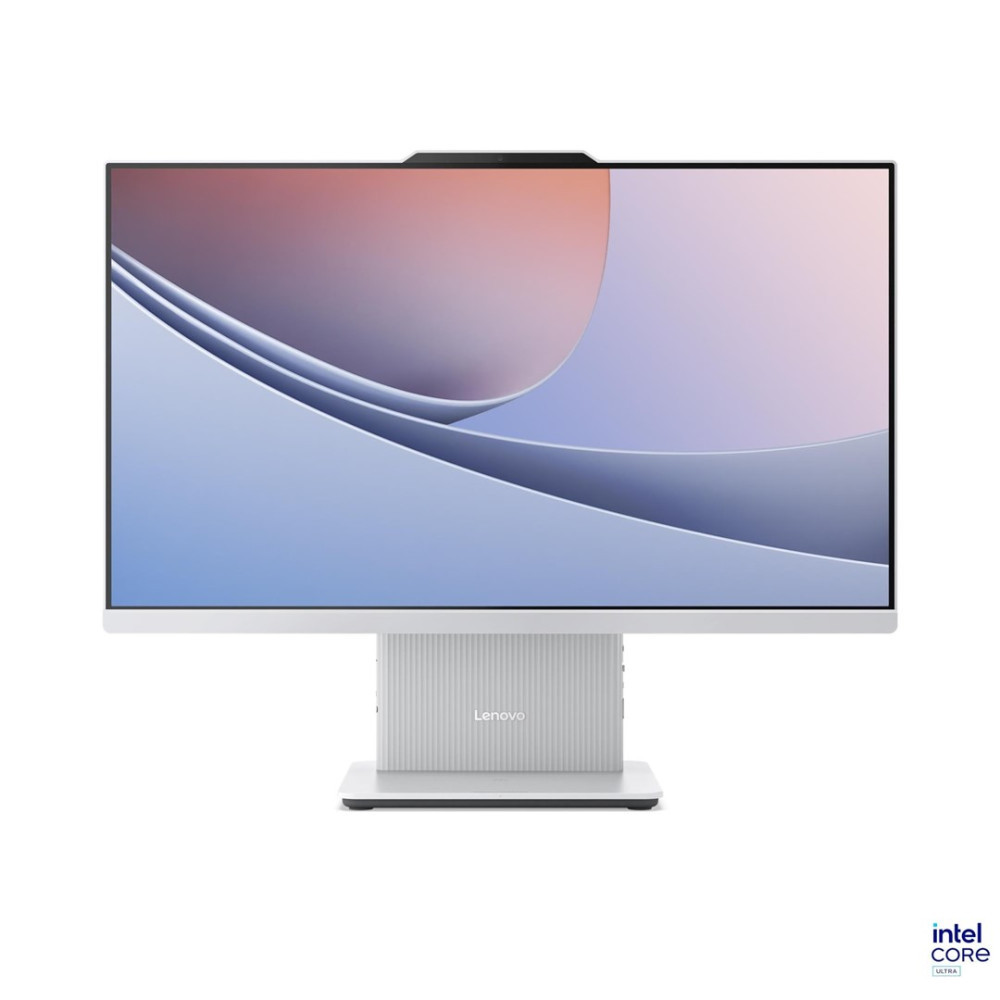 Komputer All-in-One Lenovo z białym wykończeniem i naklejką Intel Core Ultra.