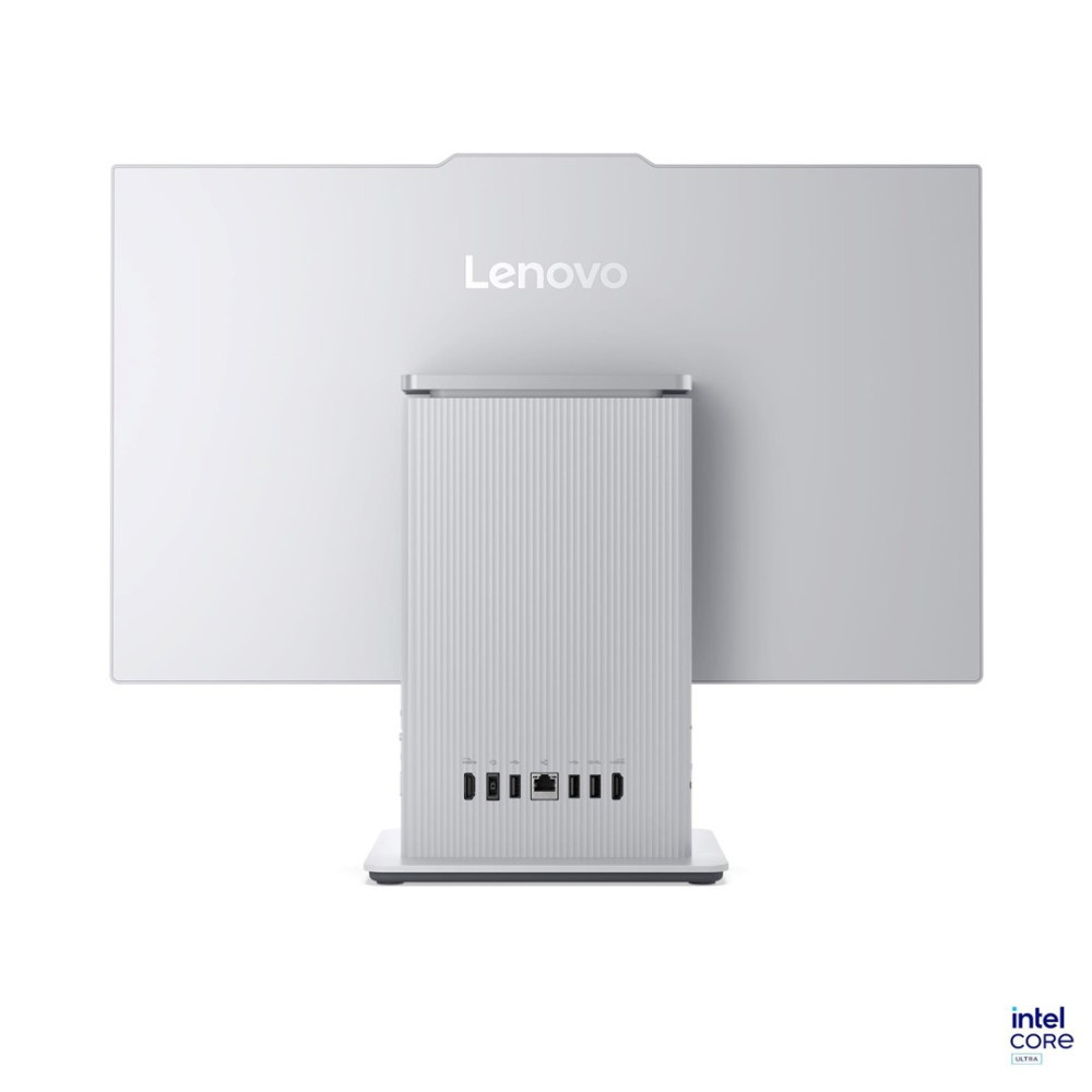 Tył białego komputera all-in-one Lenovo z portami i logo Intel Core Ultra.