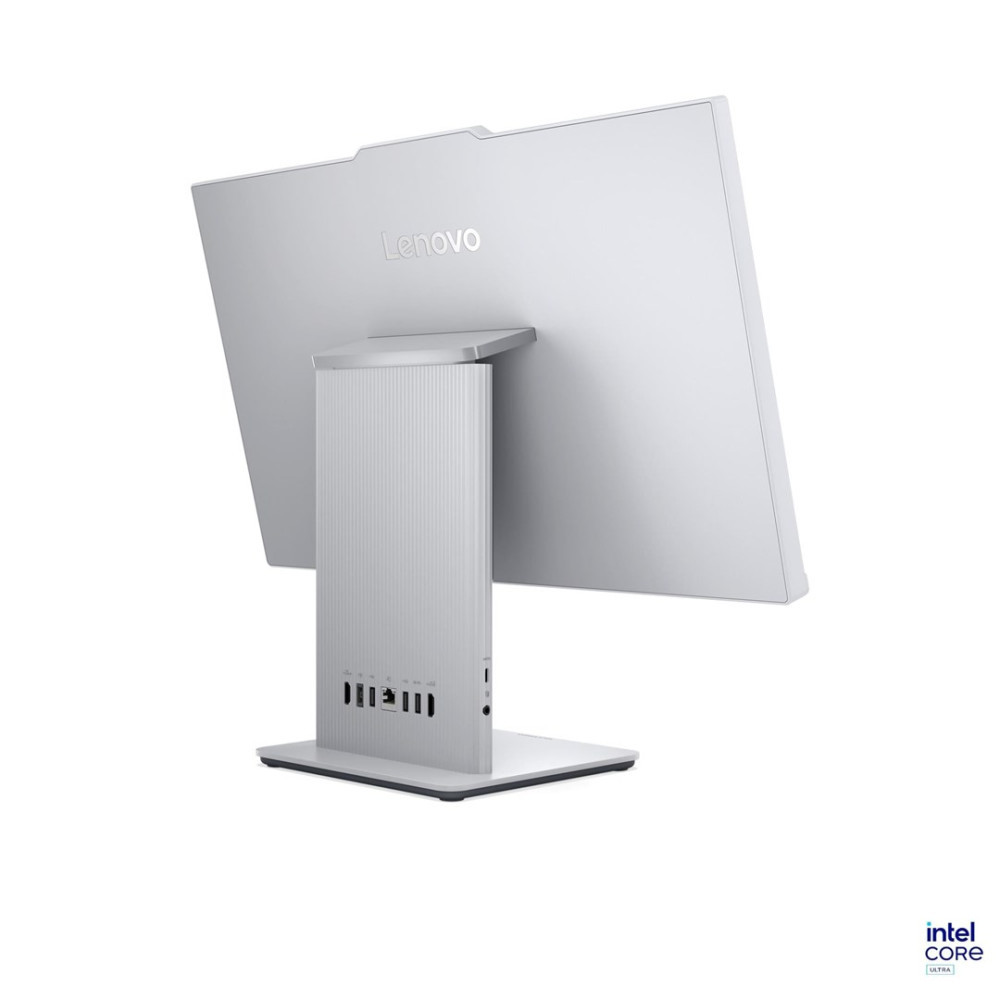 Widok z tyłu białego komputera Lenovo all-in-one z portami.