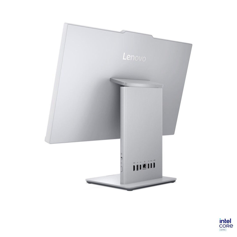 Tył srebrnego komputera Lenovo All-in-One z widocznymi portami.