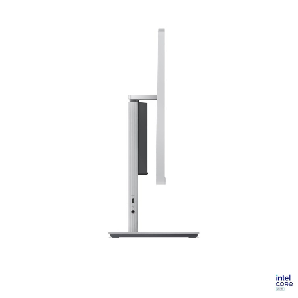 Widok z boku srebrnego monitora z logo Intel Core Ultra w prawym dolnym rogu.