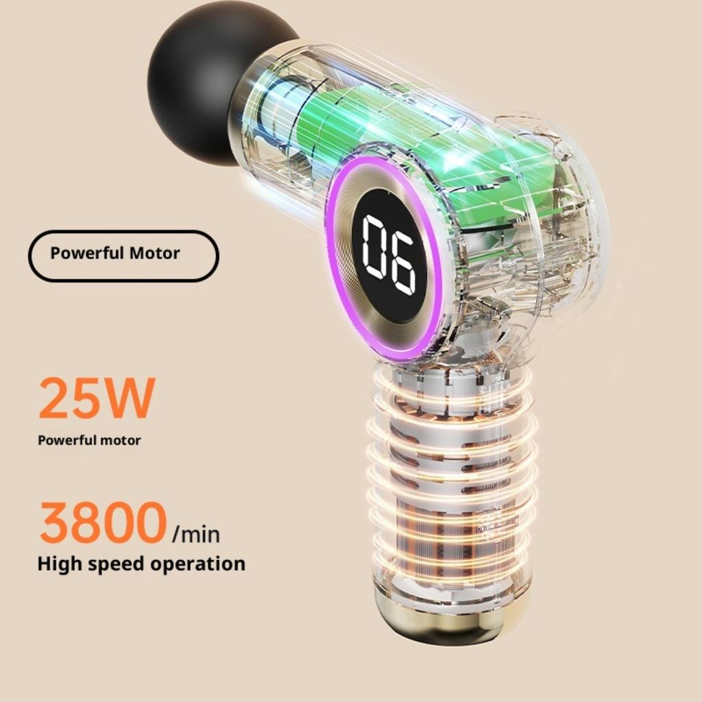 Ein durchsichtiger Massagegriff mit grüner Batterie und Anzeige '06'.