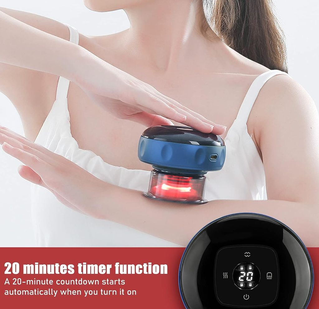 Ein blauer Schröpfkopf mit rotem Licht auf einem Arm, mit Text über eine 20-Minuten-Funktion.