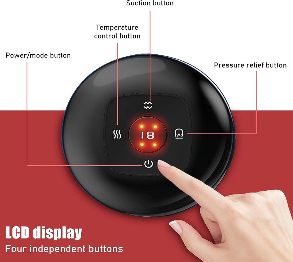 Schwarzes Gerät mit LCD-Anzeige '18'. Beschriftete Tasten: Power, Saugen, Temp, Druckentlastung.