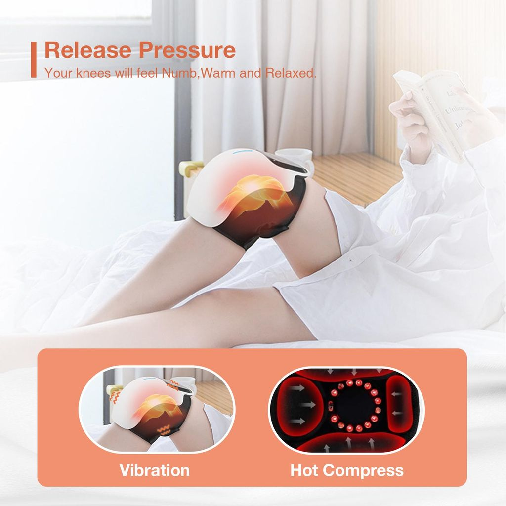 Ein Knee-Massager mit Vibration und Wärmekompresse auf einem Bett.