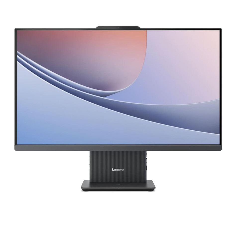 Monitor Lenovo z abstrakcyjną tapetą w pastelowych kolorach.
