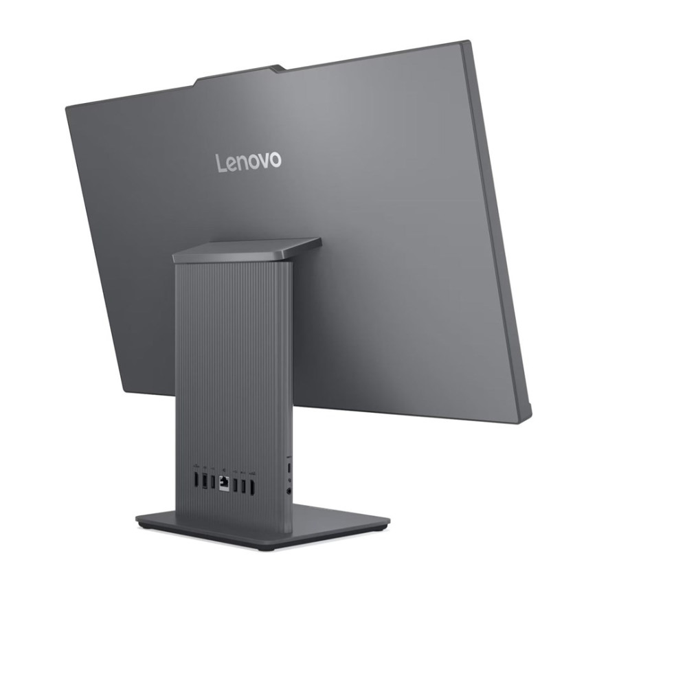 Tył szarego komputera all-in-one Lenovo z portami.