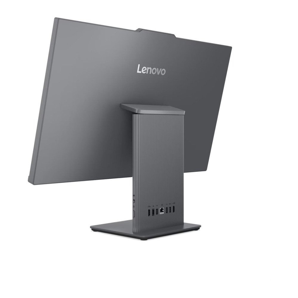 Tył szarego komputera all-in-one Lenovo z portami na podstawie.