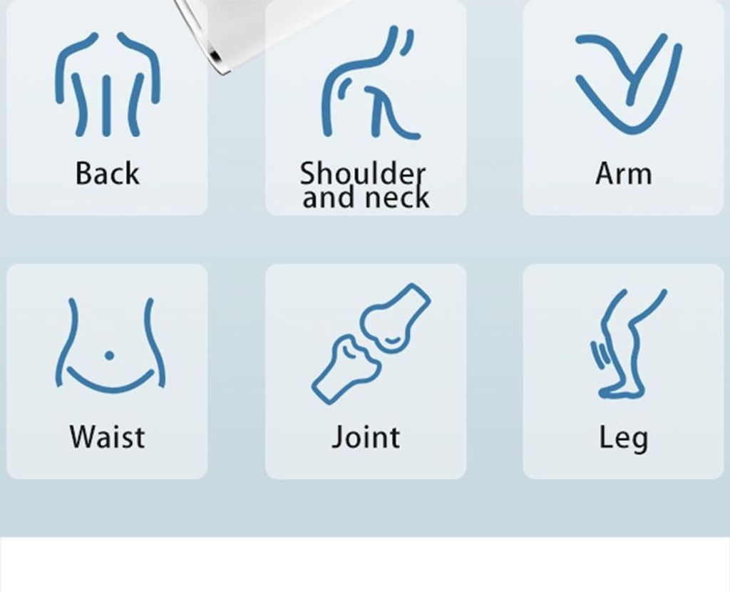 Sechs blaue Strichmännchen zeigen Körperteile: Rücken, Schulter/Nacken, Arm, Taille, Gelenk, Bein.