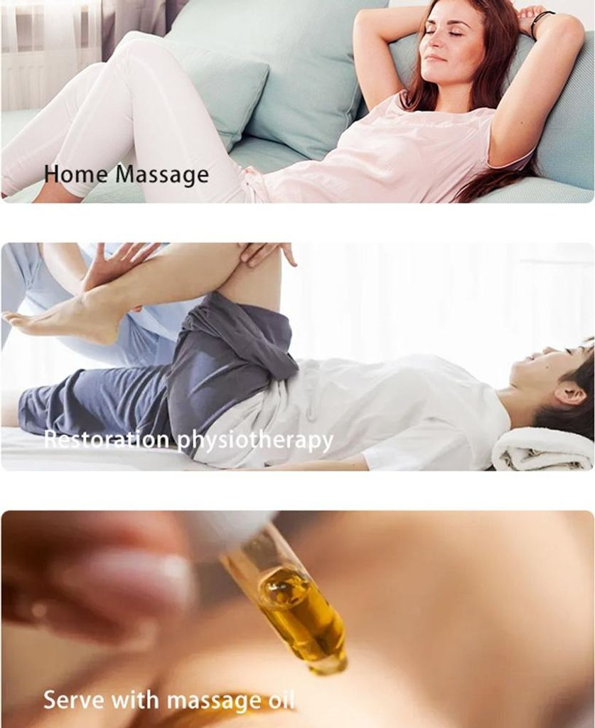 Frau entspannt auf Sofa, Physiotherapie Bein, Massageöl Pipette.