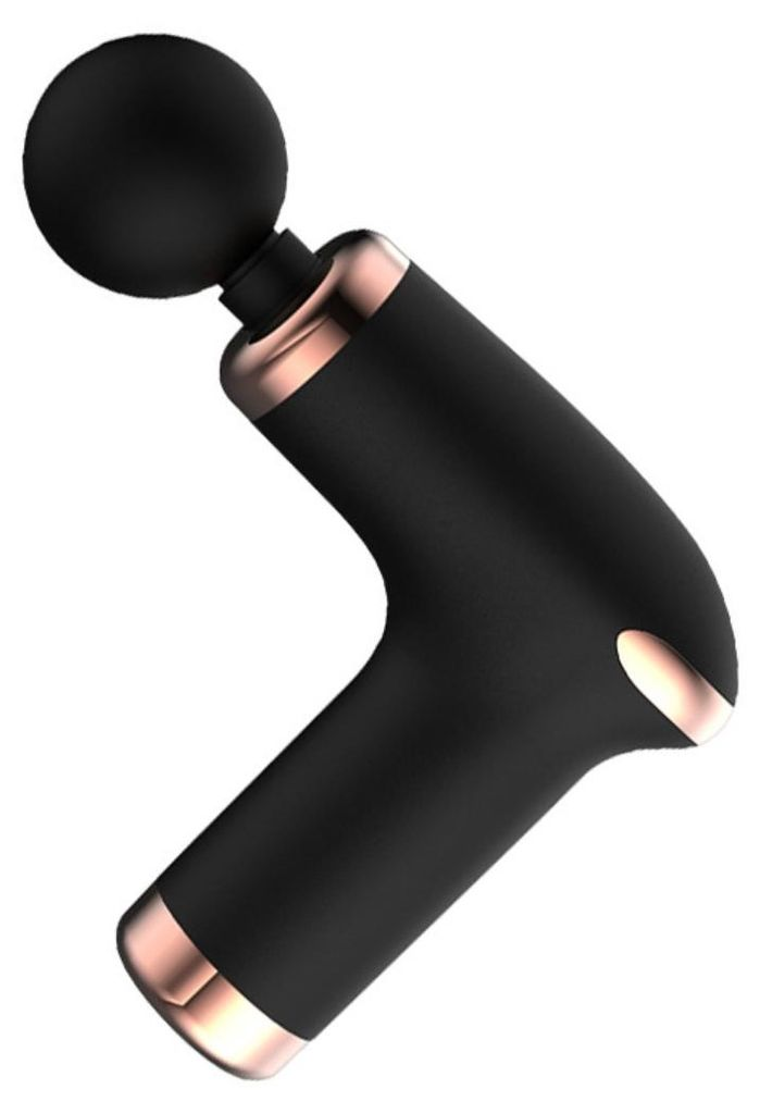 Schwarze Massagepistole mit roségoldenen Akzenten, auf weißem Grund.
