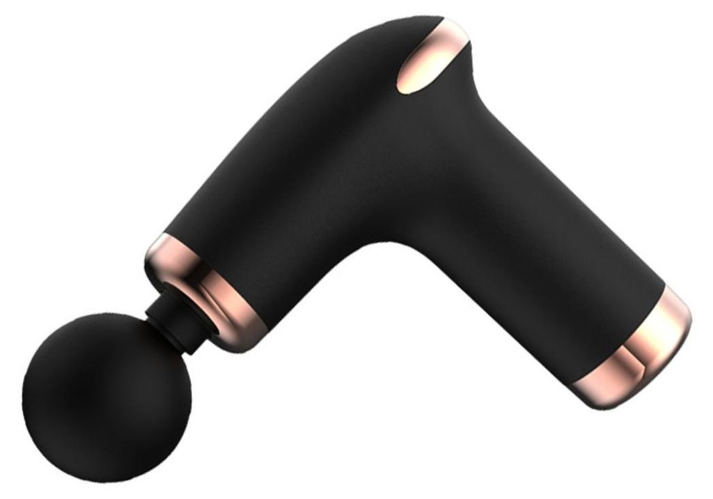 Schwarze Massagepistole mit Kugelaufsatz und kupferfarbenen Akzenten.