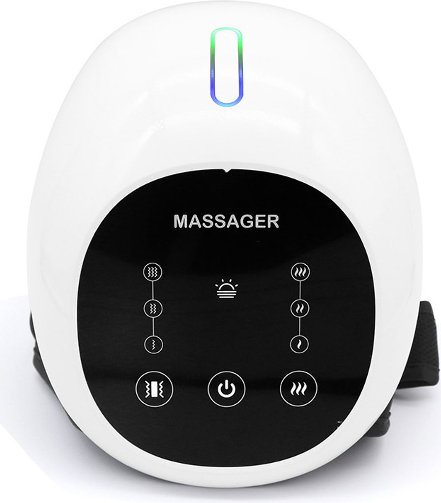 Ein weißes Massagegerät mit schwarzem Bedienfeld und Symbolen.