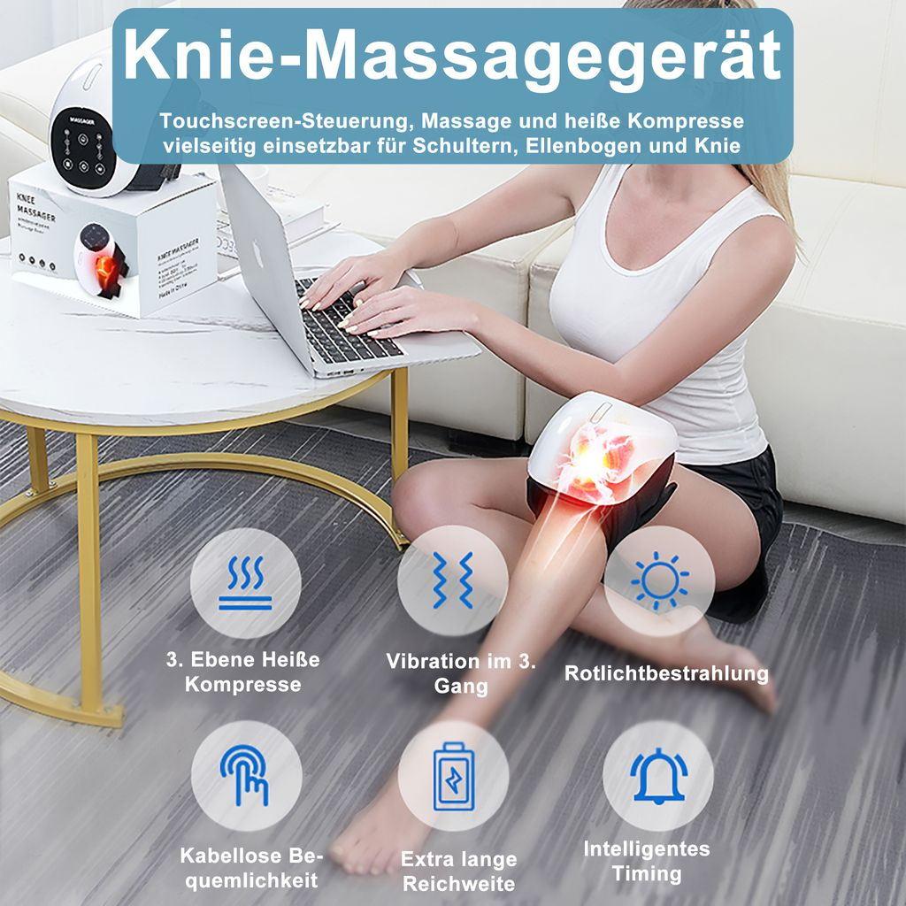 Frau mit Knie-Massagegerät am Bein, Laptop daneben. Icons für Wärme, Vibration, Rotlicht, Akku, Timing.