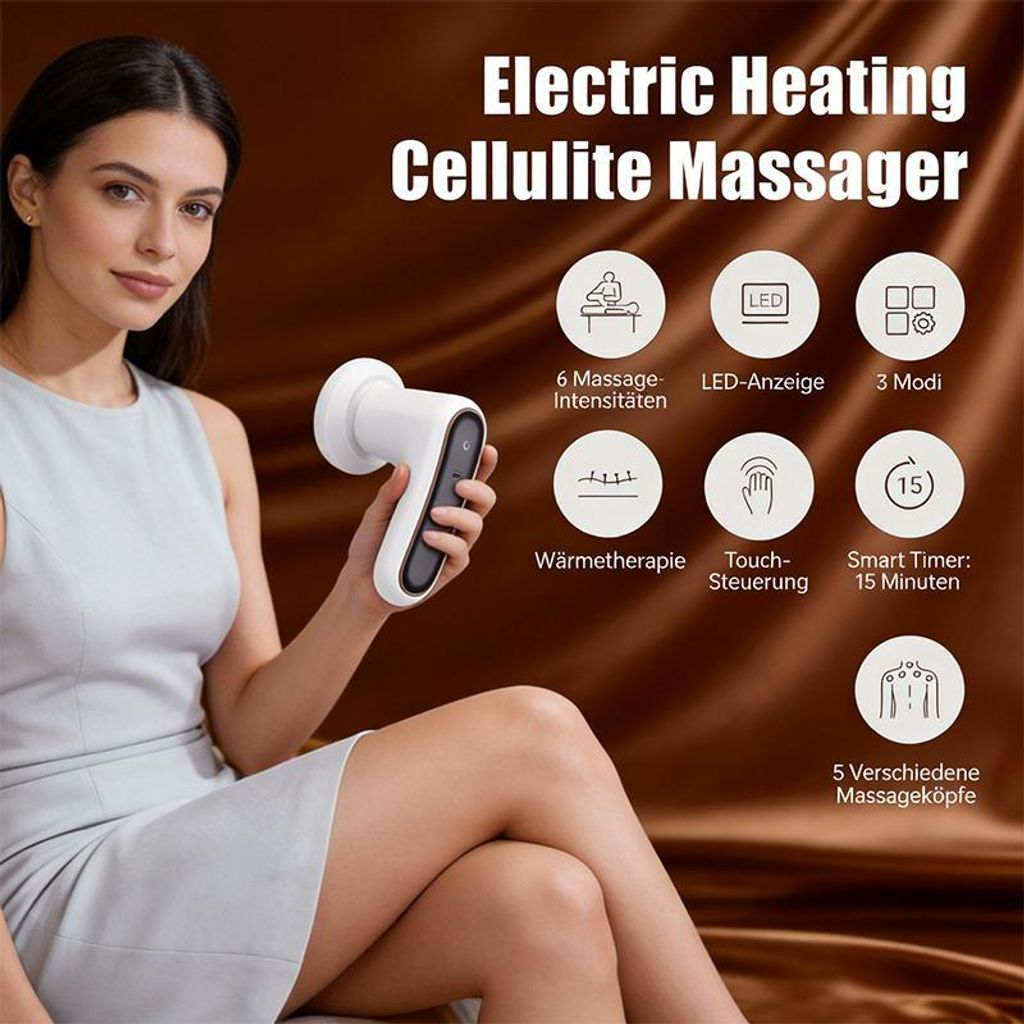 Frau hält elektrisches Cellulite-Massagegerät mit 6 Intensitäten, LED, 3 Modi, Wärme, Touch.