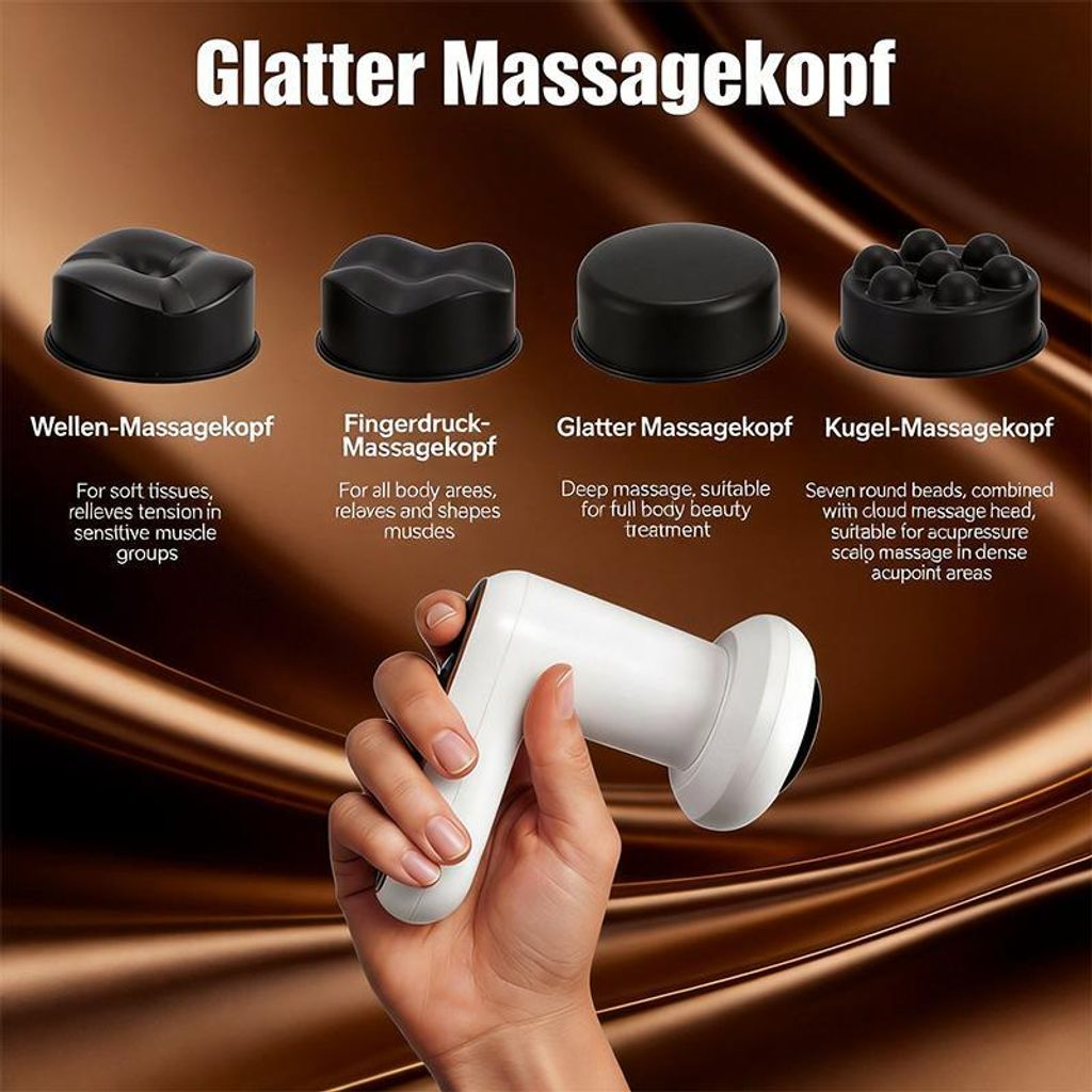 Vier Massageköpfe für ein Massagegerät: Wellen, Fingerdruck, Glatt und Kugel.