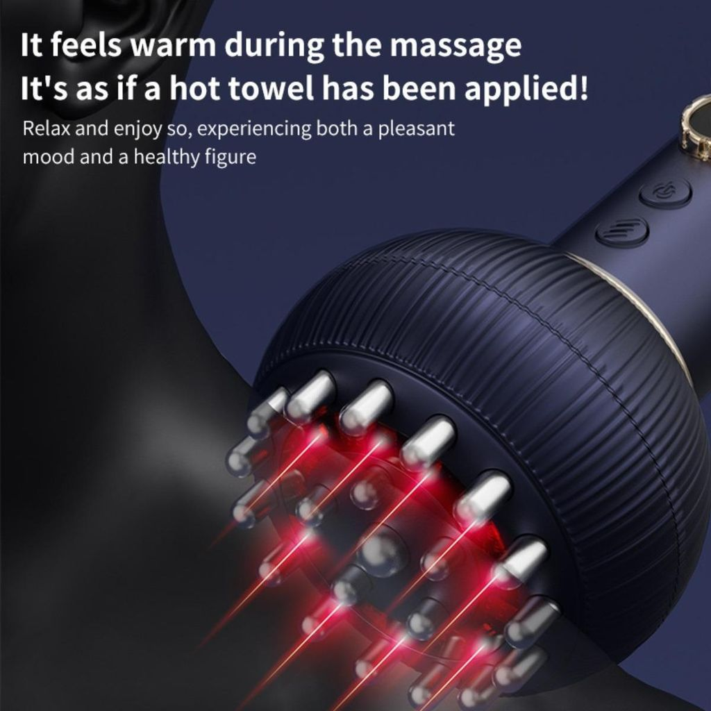 Ein dunkles Massagegerät mit silbernen Noppen und rotem Licht ist auf dunklem Hintergrund abgebildet.
