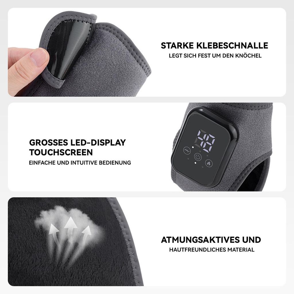 Graues Heizkissen mit Klettverschluss, Touchscreen-Display und atmungsaktivem Material.