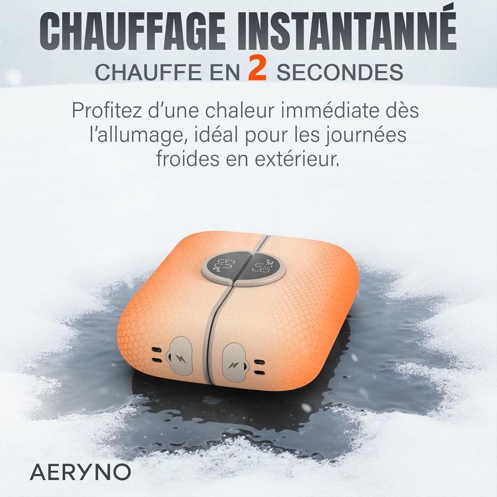 Ein oranges Heizgerät mit digitalen Anzeigen auf Schnee.