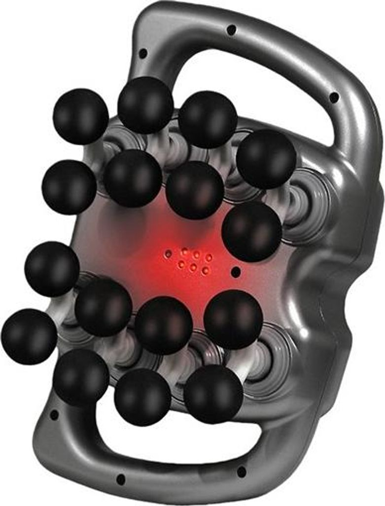 Graues Massagegerät mit 14 schwarzen Kugeln und rotem Licht.