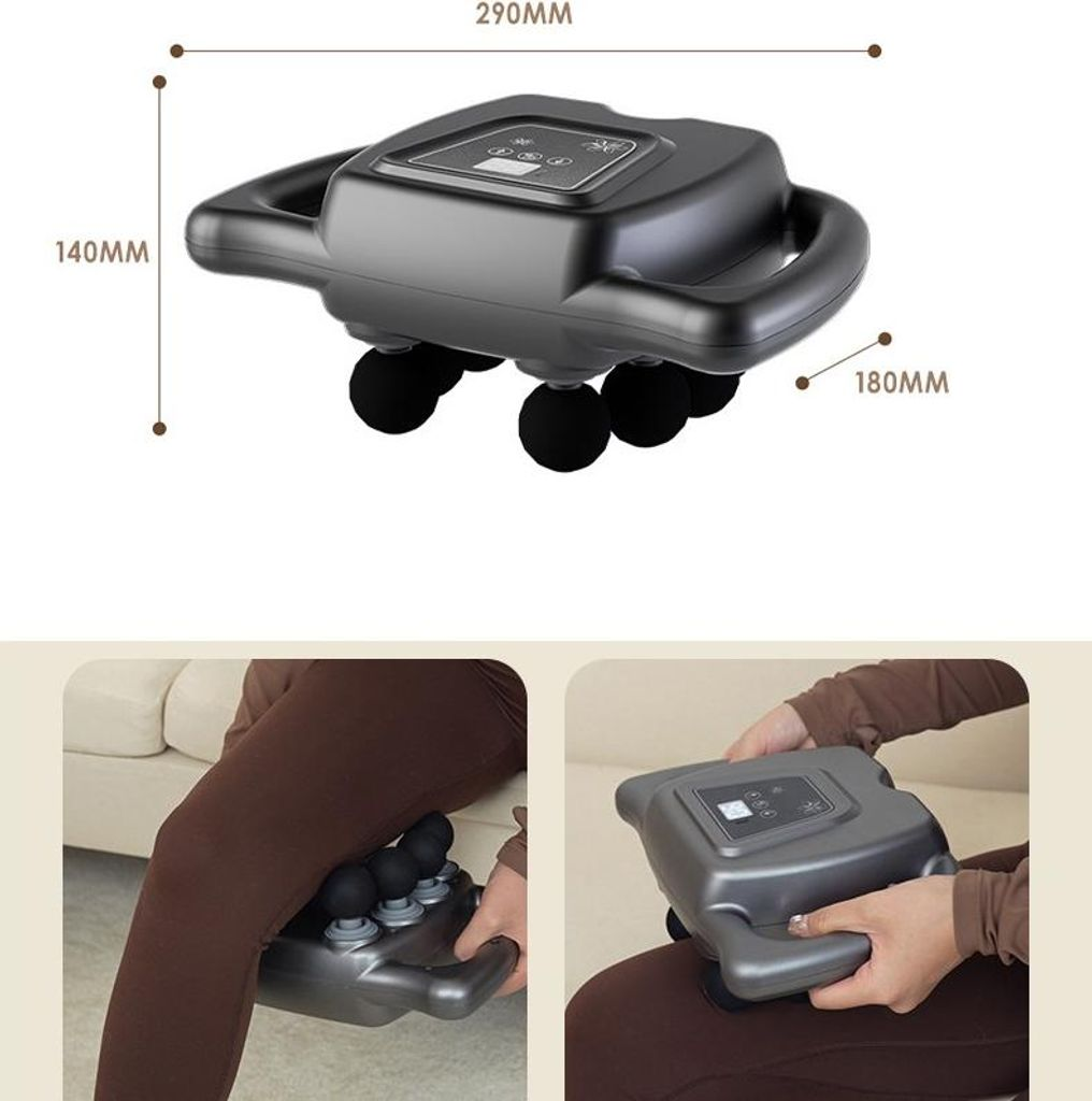 Ein schwarzes Massagegerät mit vier Kugeln wird auf einem Bein verwendet.