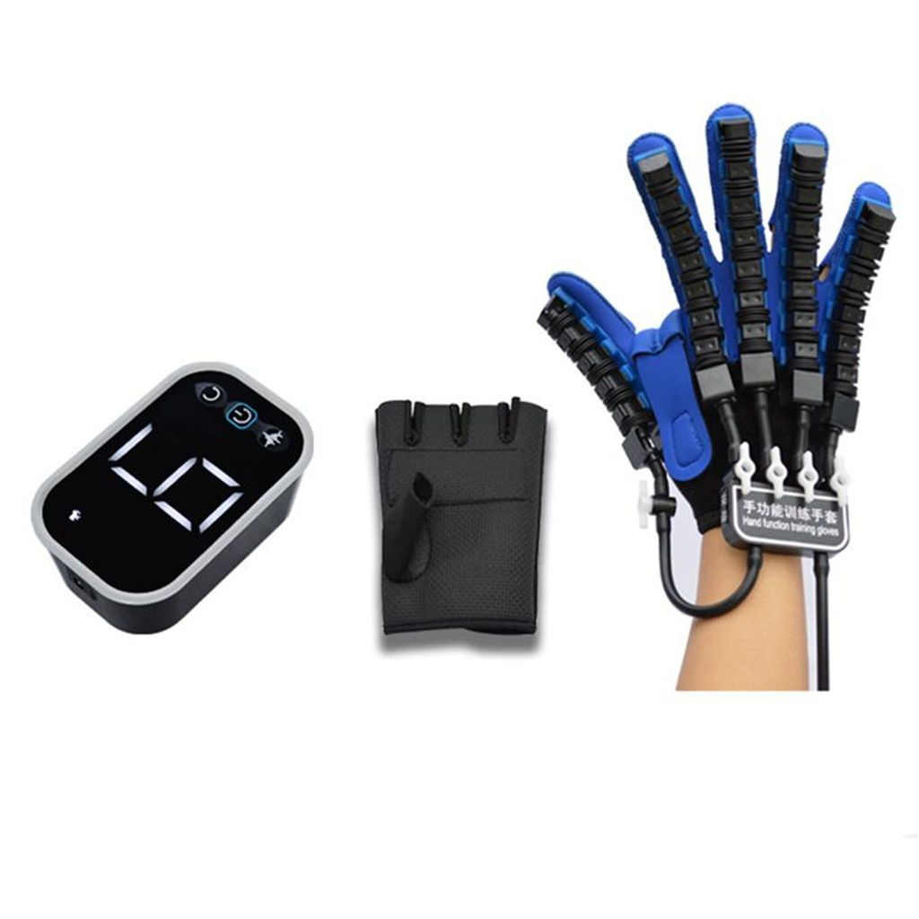 Ein blauer und schwarzer Rehabilitationshandschuh, ein schwarzer fingerloser Handschuh und ein schwarzes digitales Anzeigegerät.