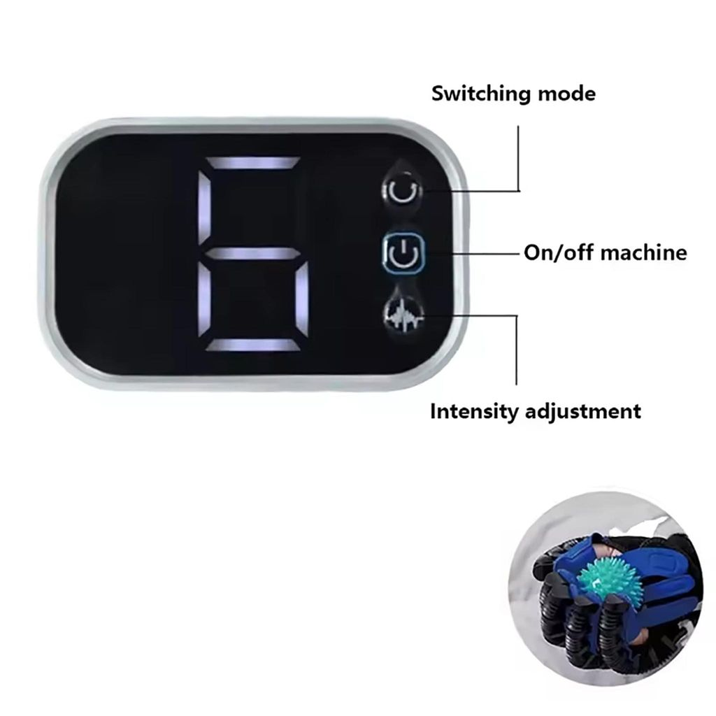 Ein digitales Display zeigt die Zahl 6 an, daneben Bedienelemente für Modus, Ein/Aus und Intensität.