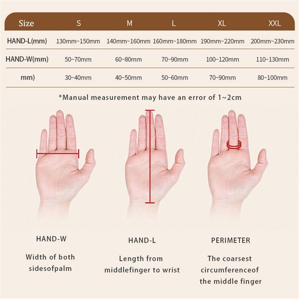 Handschuhgrößentabelle mit Handmessungen für L, B und Umfang.