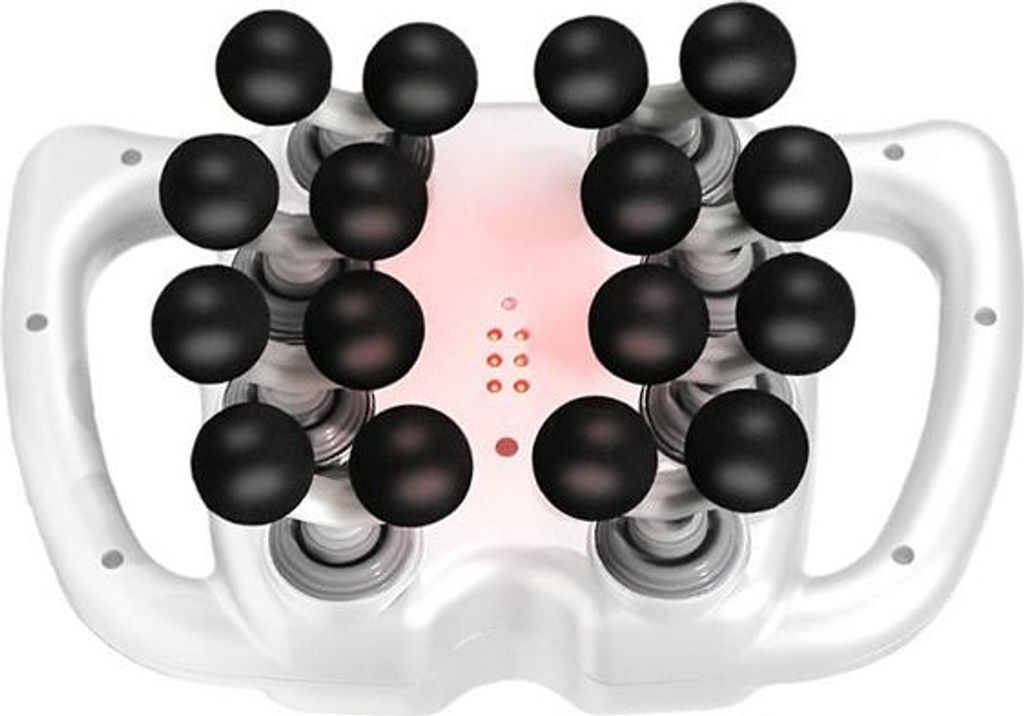 Ein weißes Massagegerät mit 16 schwarzen Kugeln und rotem Licht.