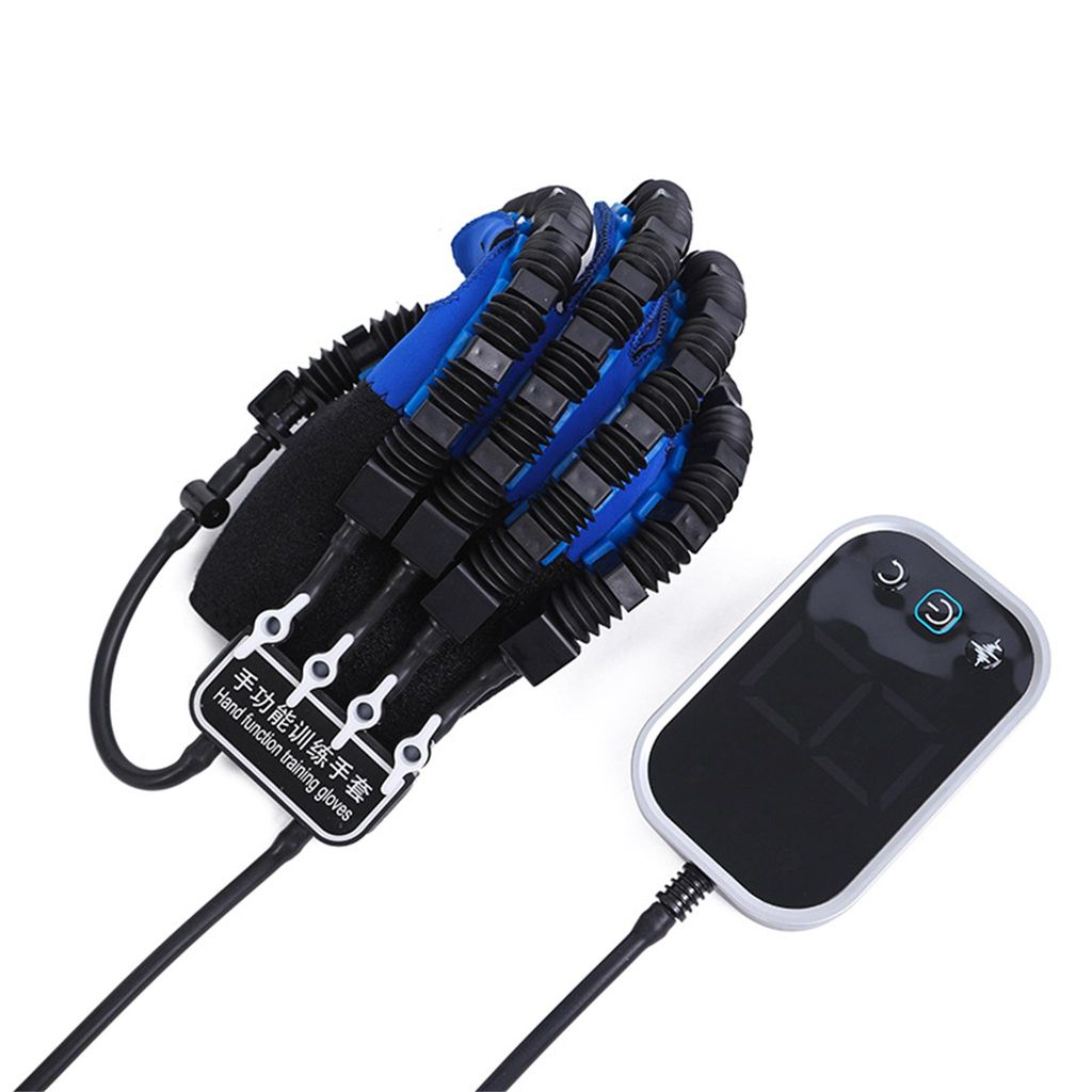 Ein blauer und schwarzer Handschuh für Handfunktionstraining mit einem Controller.