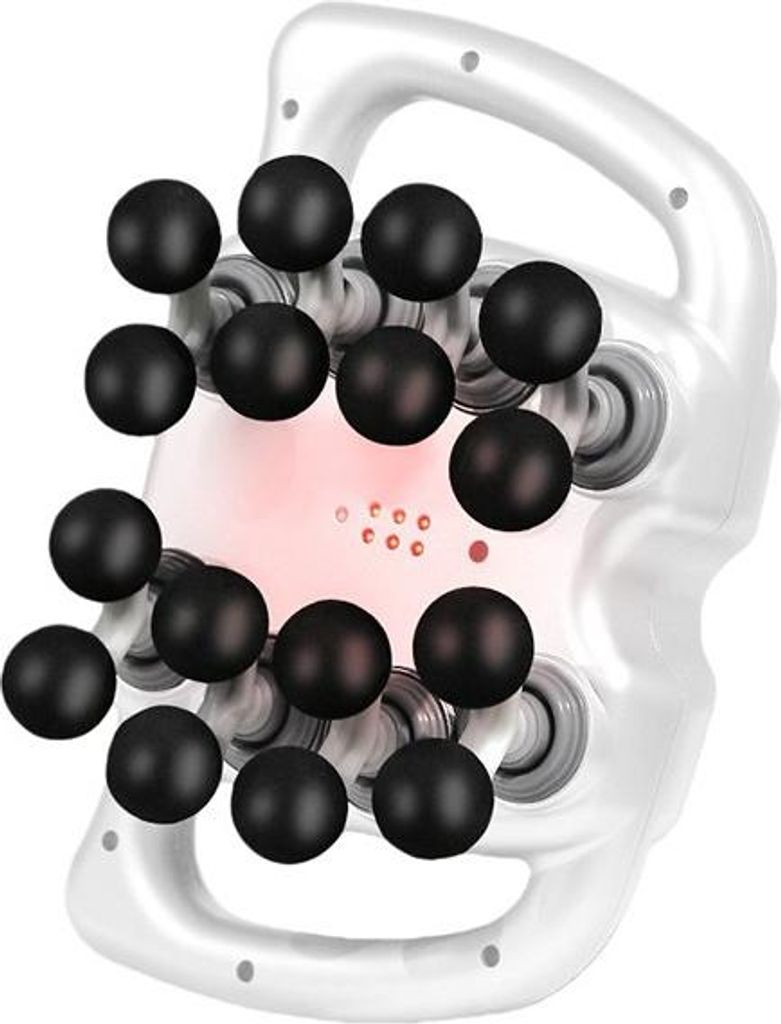 Ein weißes Massagegerät mit mehreren schwarzen Kugeln und rotem Licht.
