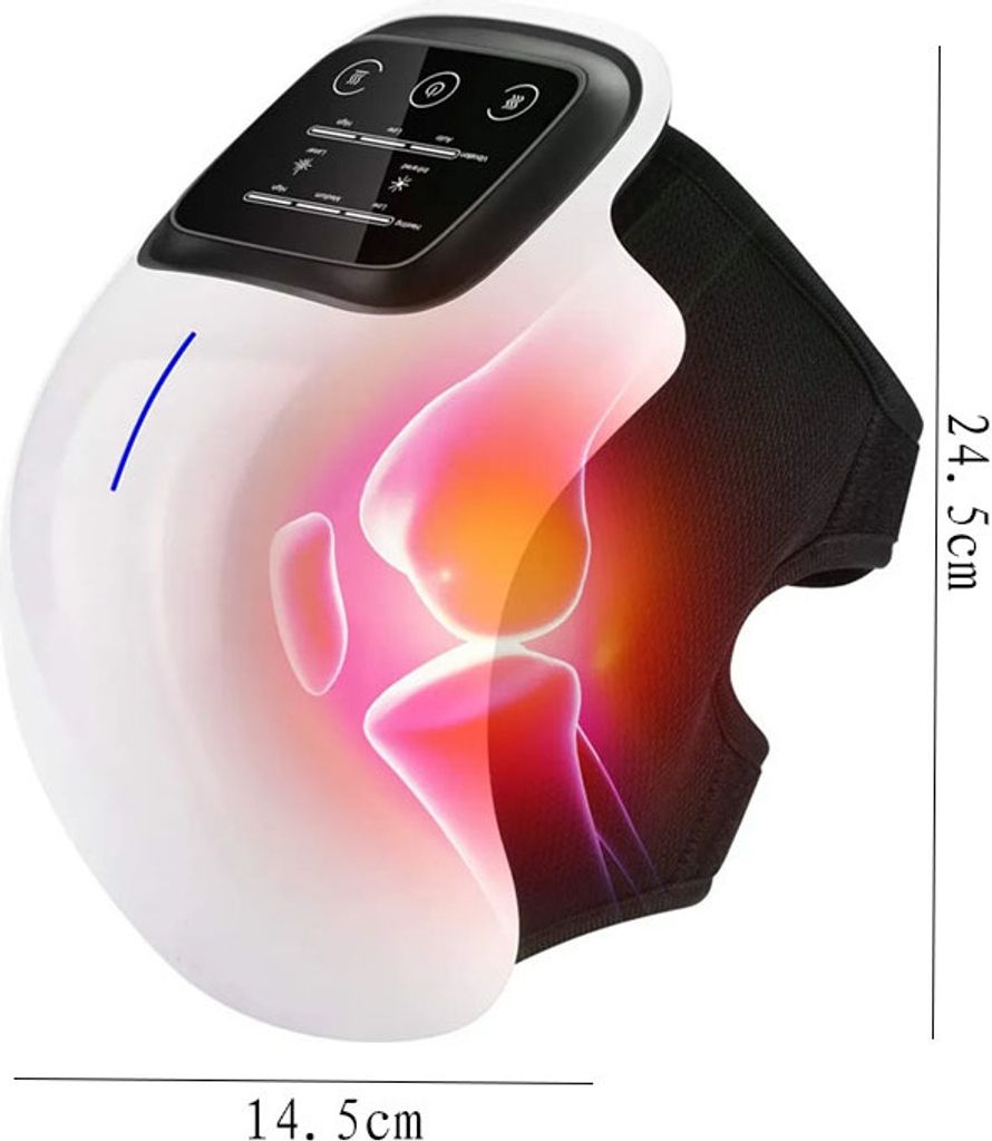 Ein weißes Knie-Massagegerät mit digitalem Display und Ladeanzeige.