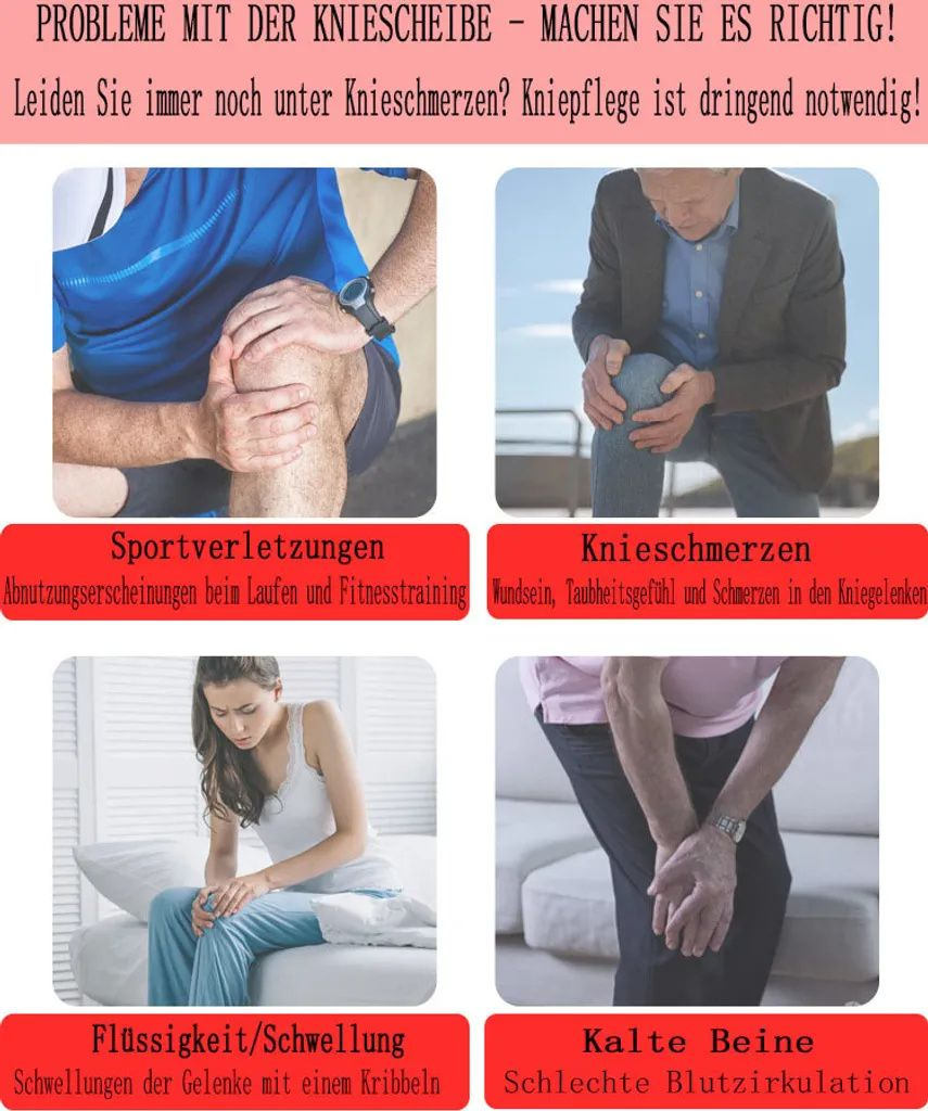 Vier Bilder zeigen Knieprobleme: Sportverletzungen, Knieschmerzen, Schwellungen, kalte Beine.