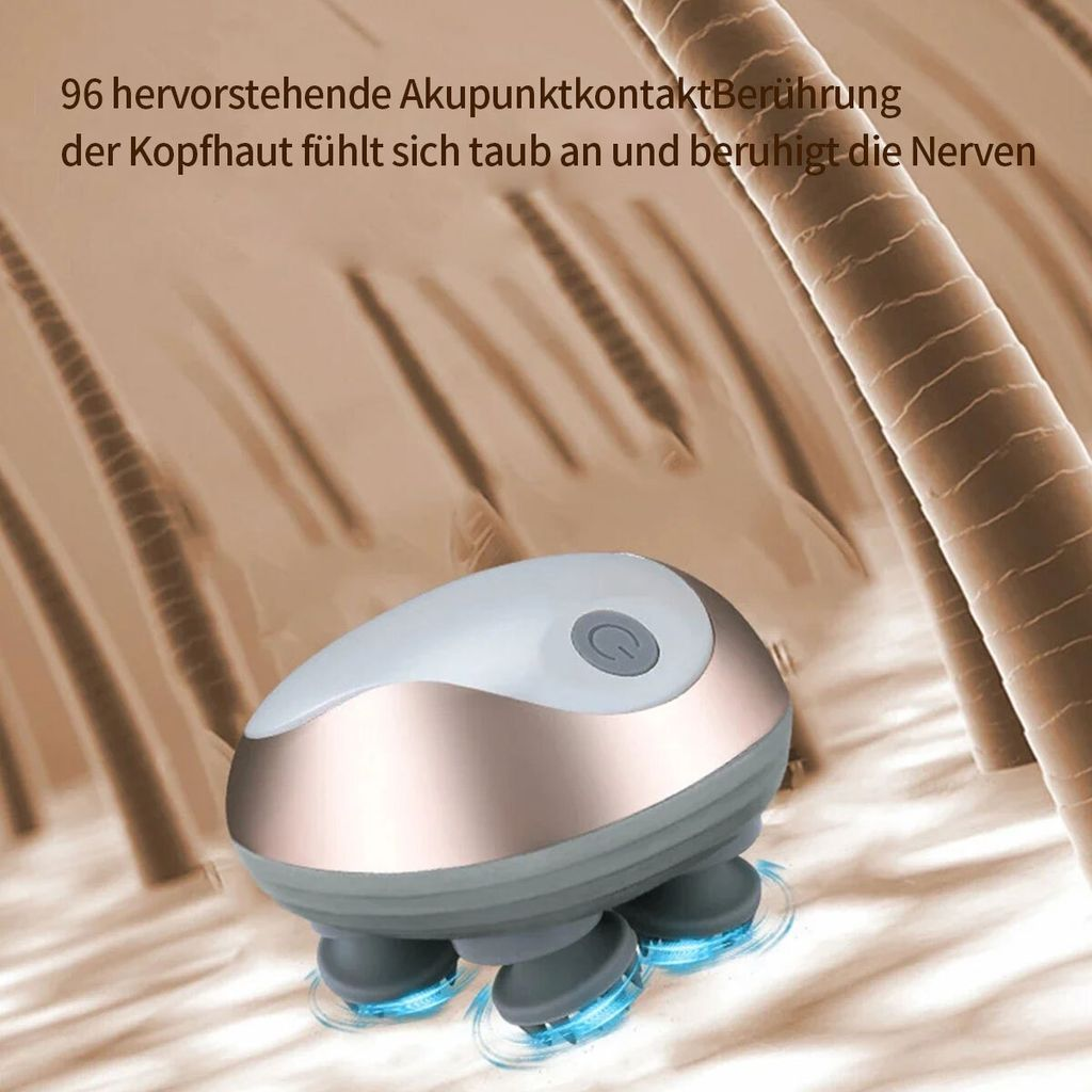 Ein Massagegerät für die Kopfhaut mit vier rotierenden Köpfen, das auf Haaren liegt.