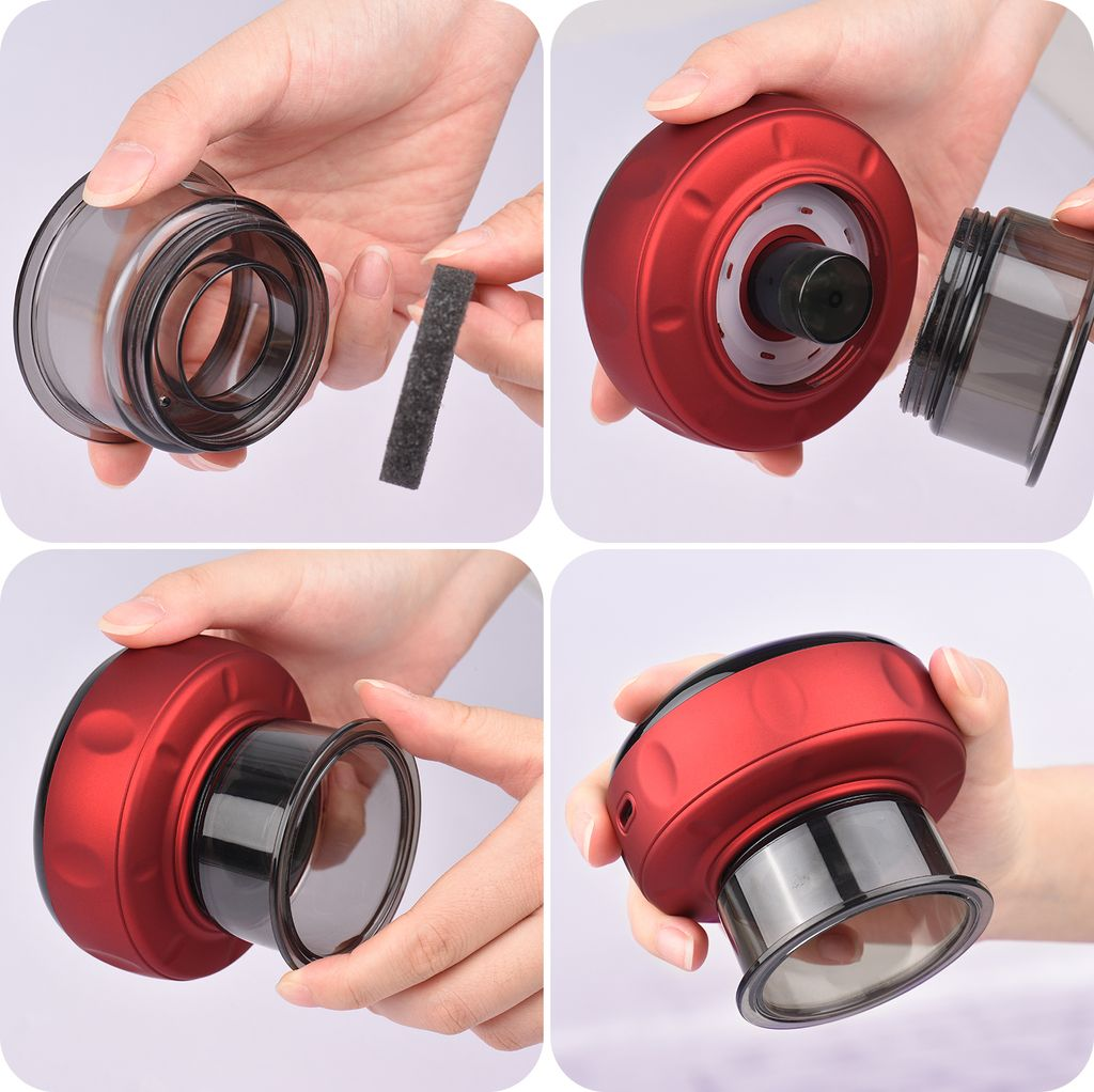 Zusammenbau eines roten und klaren Behälters. Eine Hand hält Teile: Filter, roter Deckel, klare Basis.