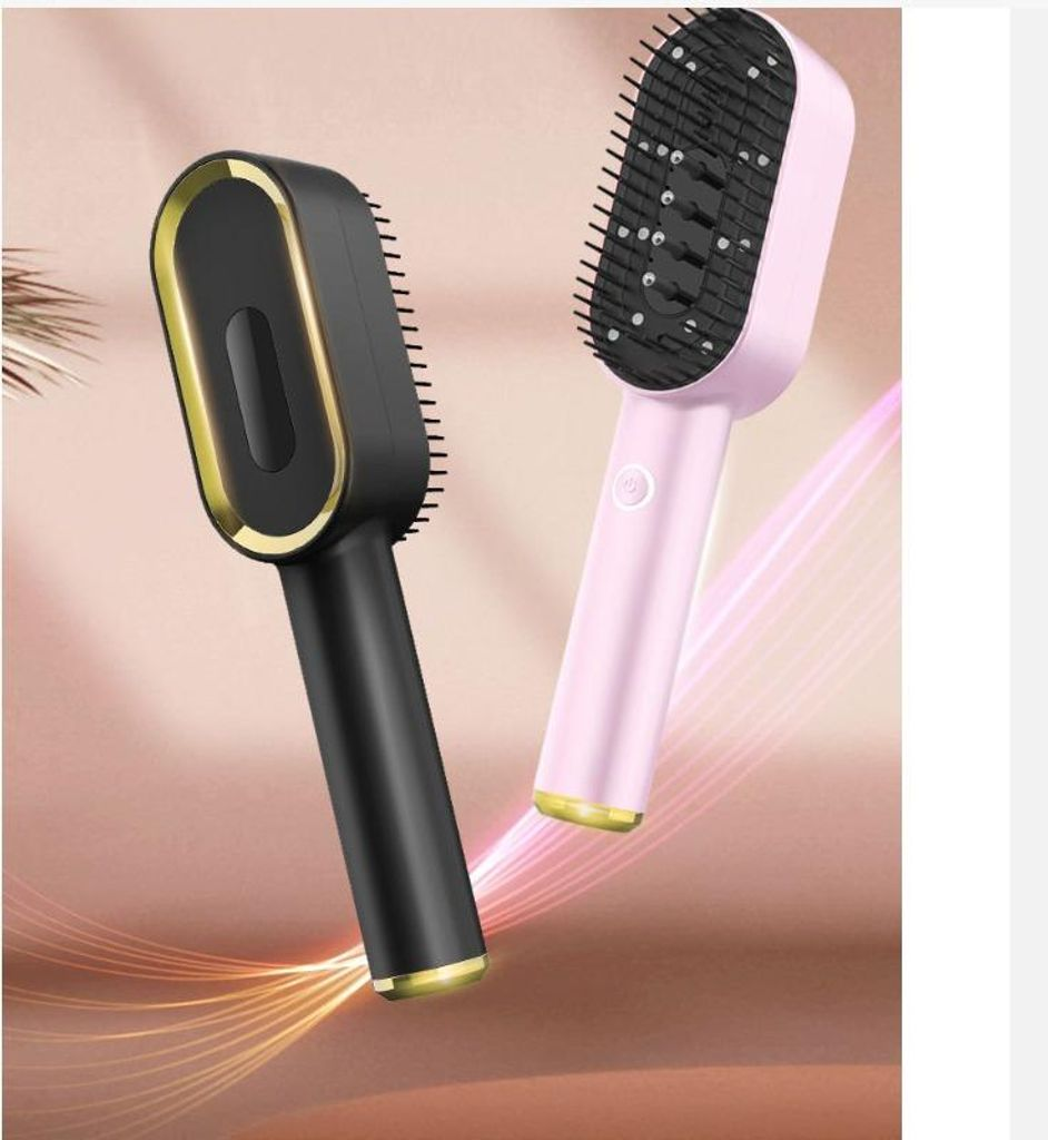 Zwei elektrische Haarbürsten, eine schwarz mit goldenen Akzenten, eine rosa.