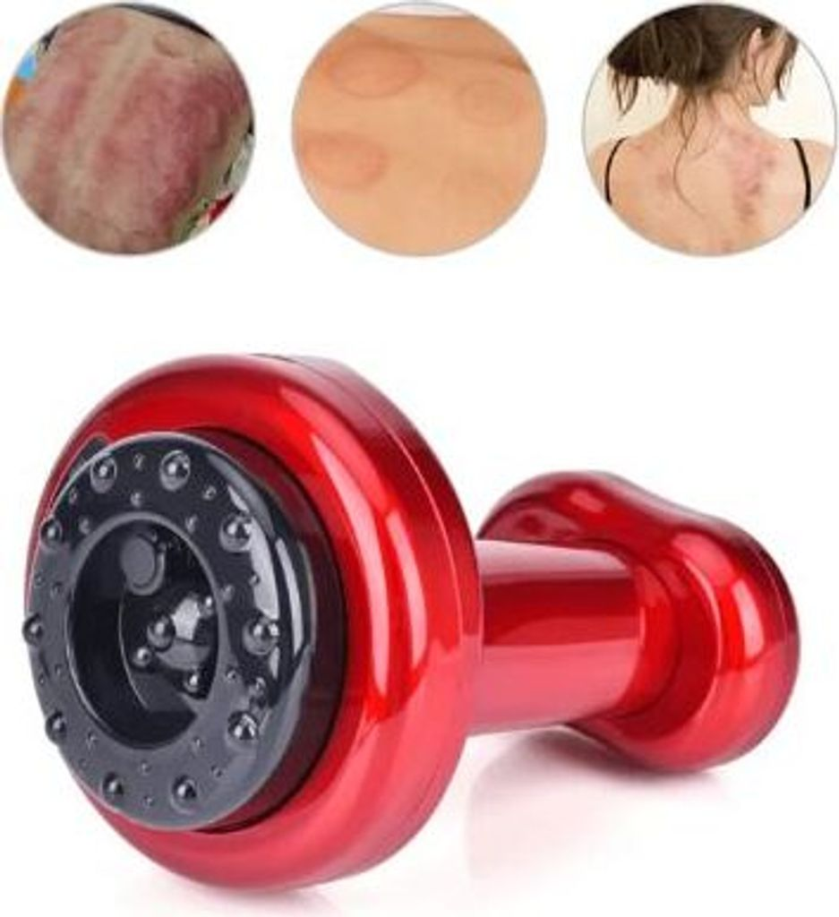 Rotes Massagegerät mit drei runden Bildern von Hautflecken.