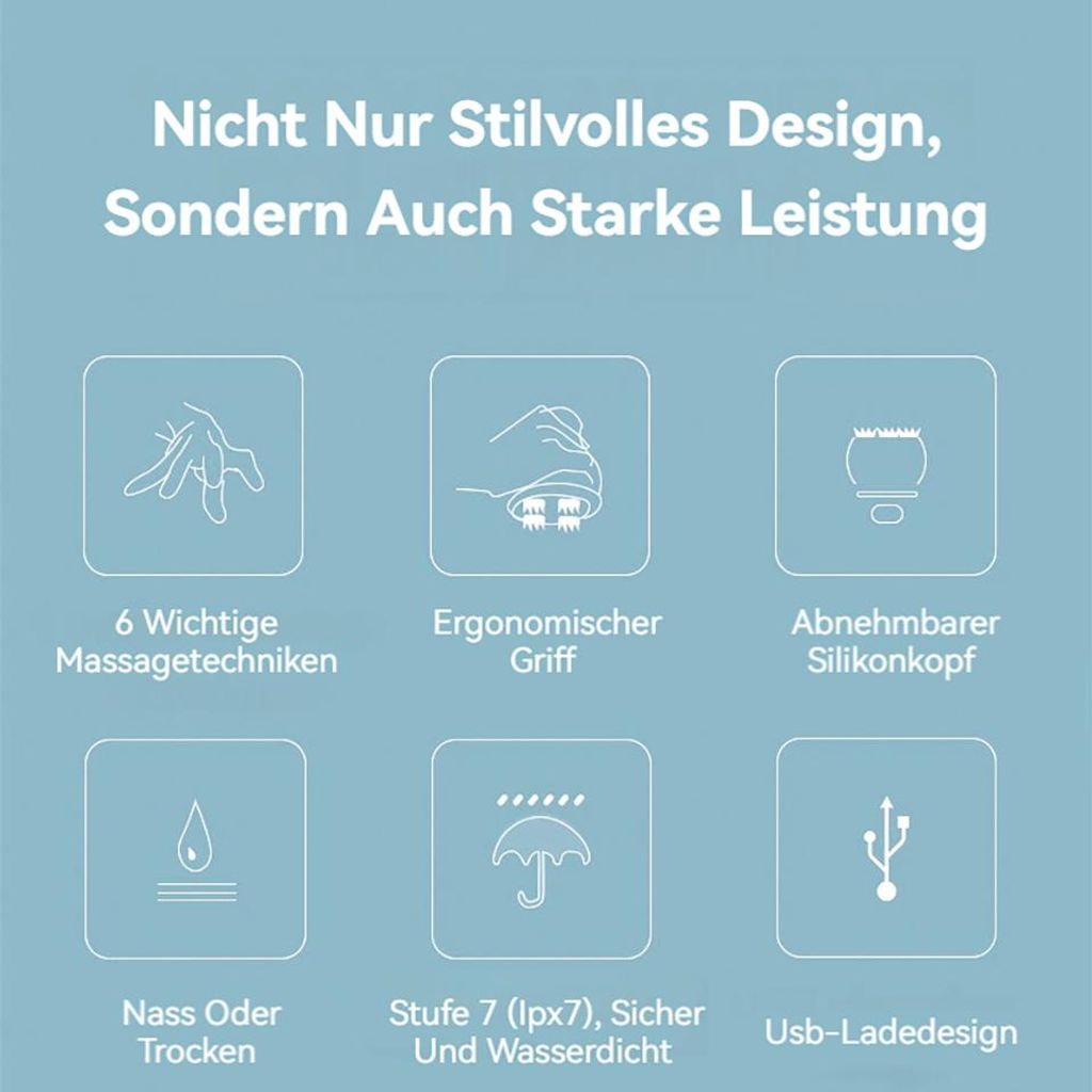 Grafiken zeigen 6 Massagetechniken, Griff, abnehmbaren Kopf, nass/trocken, wasserdicht, USB-Laden.