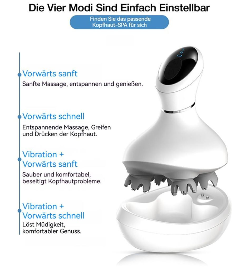 Ein weißes Massagegerät mit vier Modi: sanft vorwärts, schnell vorwärts, Vibration + sanft vorwärts, Vibration + schnell vorwärts.