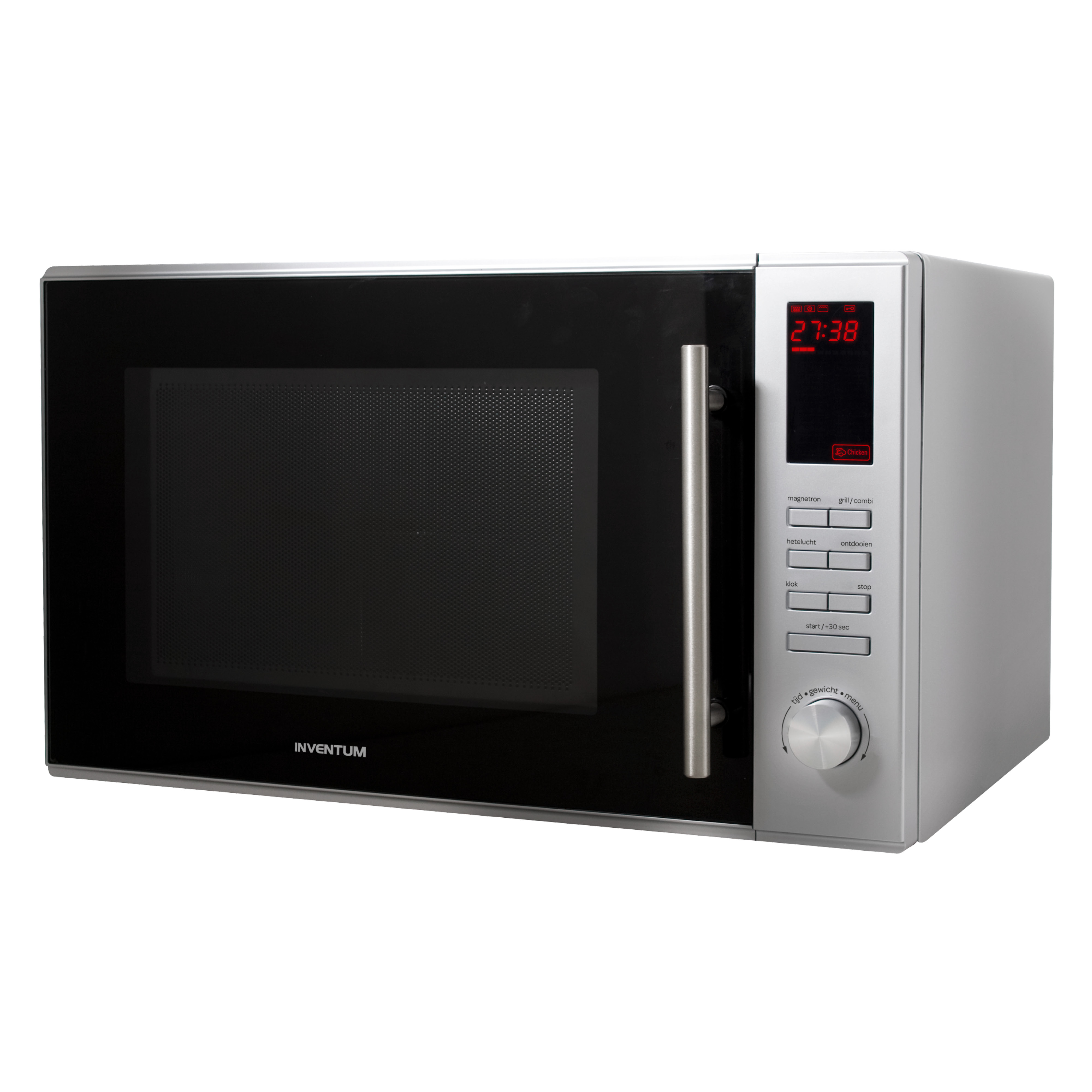 Micro-ondes Inventum argenté avec porte noire et écran numérique.