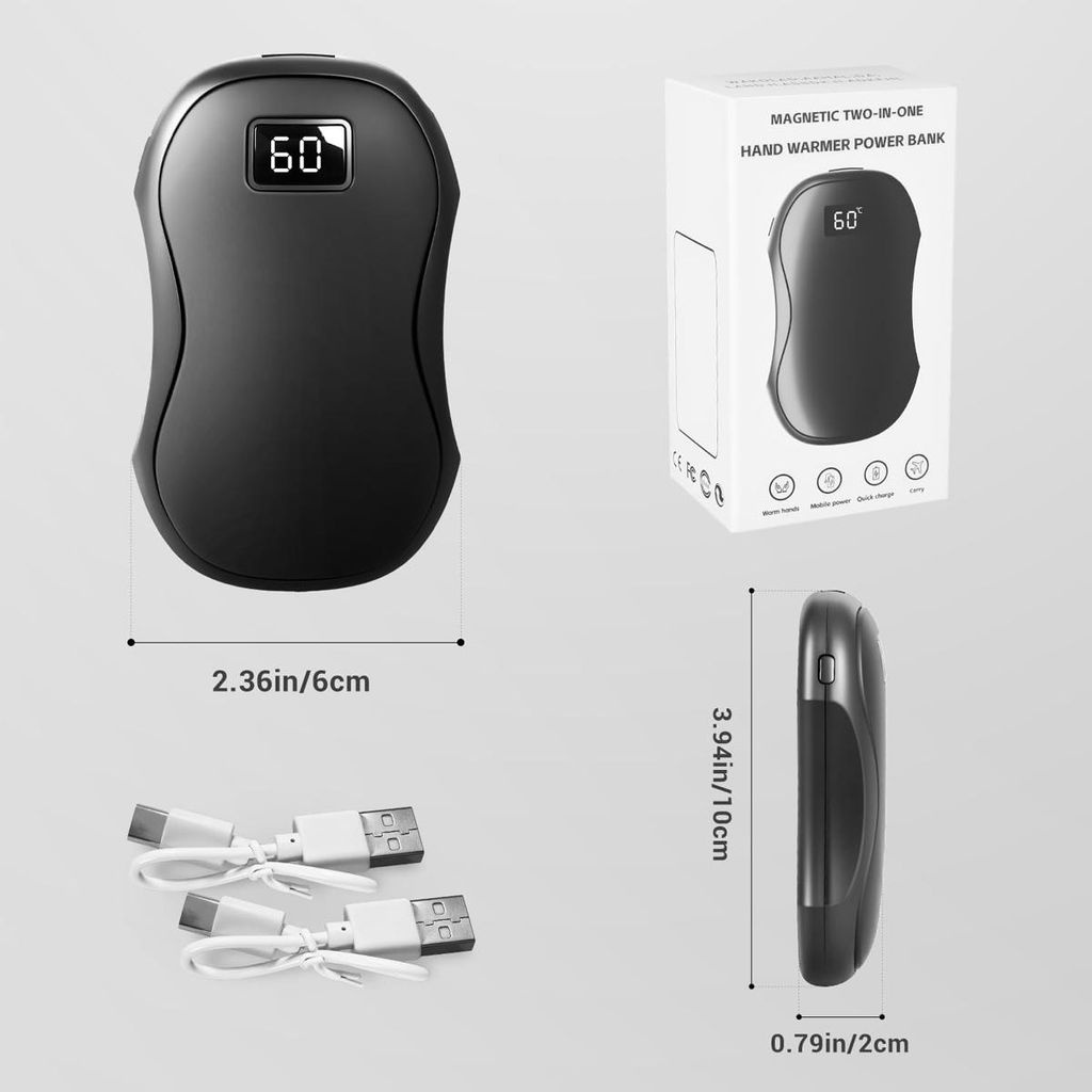 Schwarzer Handwärmer-Powerbank mit Digitalanzeige (60). Enthält Kabel und Maße.
