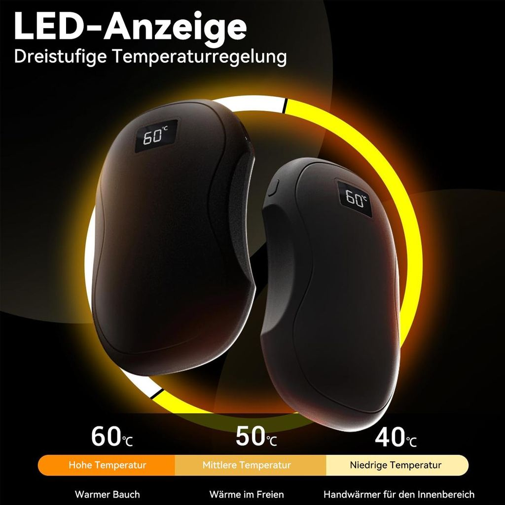 Zwei schwarze Handwärmer mit LED-Anzeigen, die 60°C zeigen.
